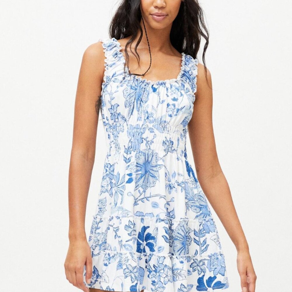 Urban Outfitters Blue and White Lizzy Smocked Floral Mini Dress
